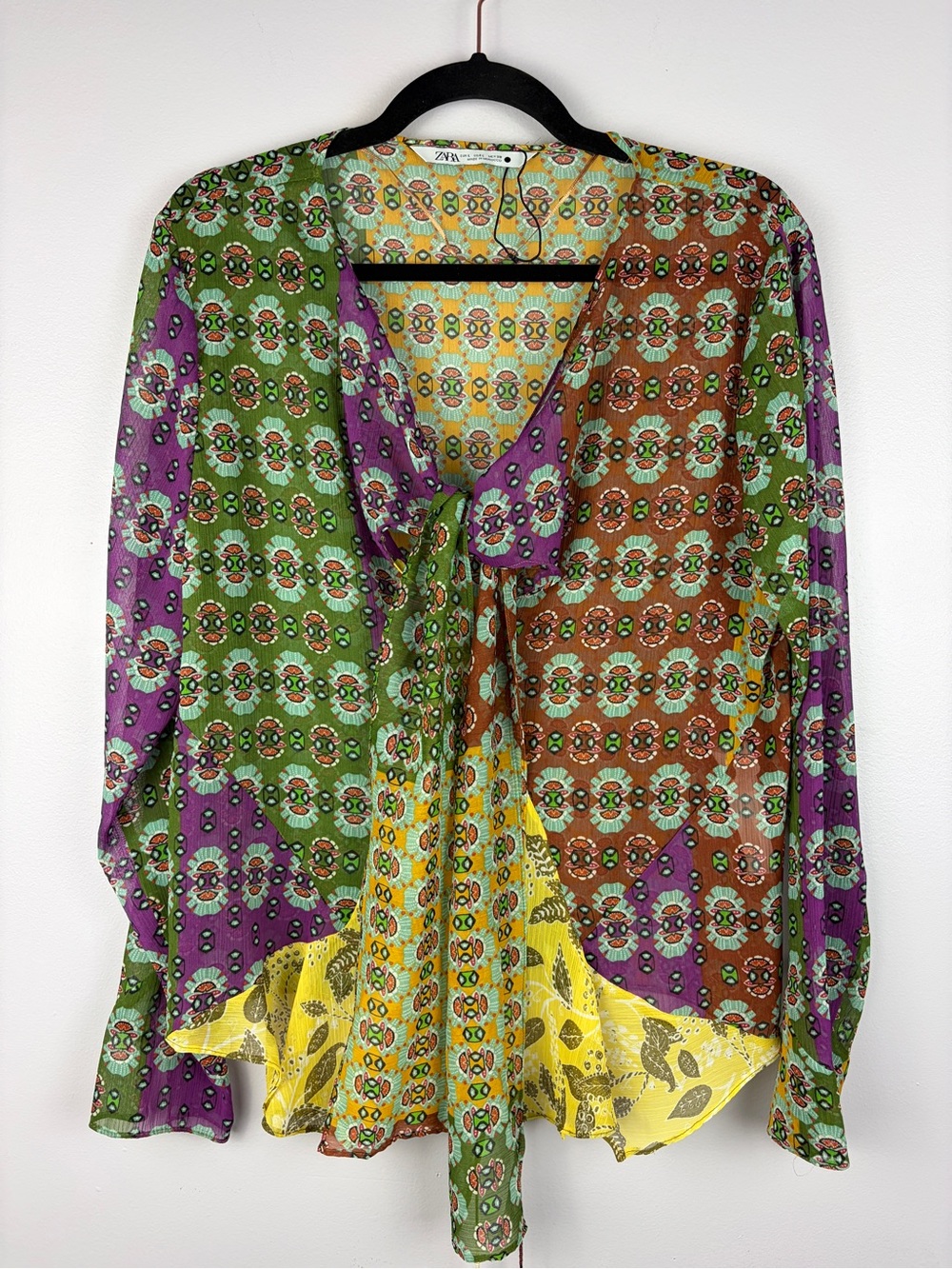 Zara Patchwork Boho Print Tie Front Ruffle Blouse Multicolor Large - Picture 2 of 15
